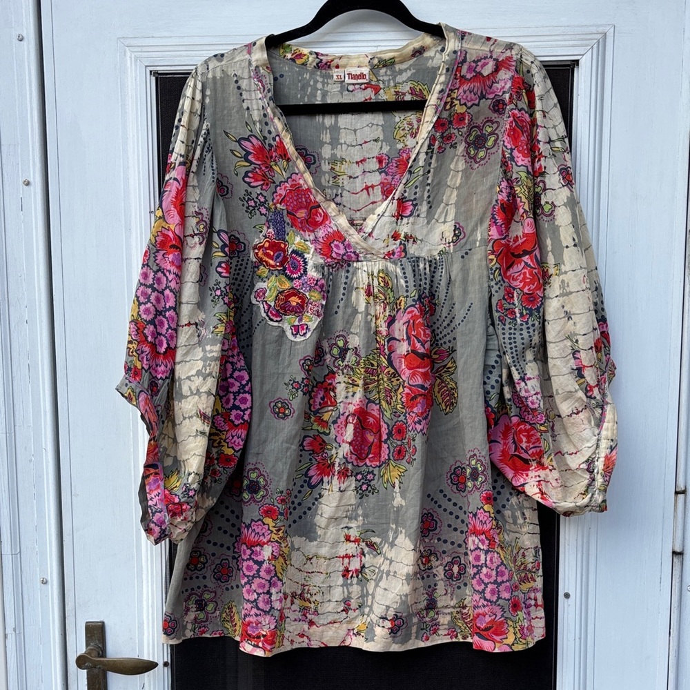 Tianello Ladies gray pink embroidered boho cotton blouse-XL